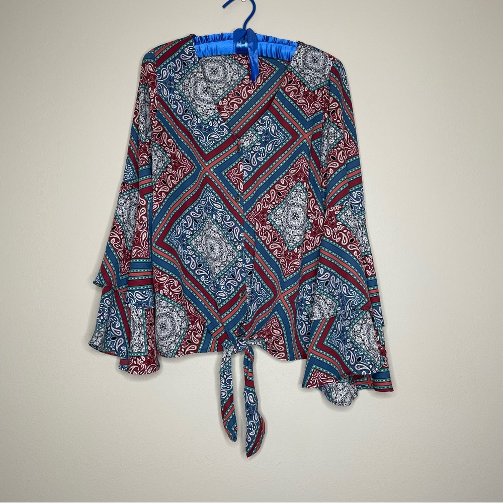 Blue/Multicolor Patchwork Print Bohemian Blouse w/Bell Sleeves & Tie Front